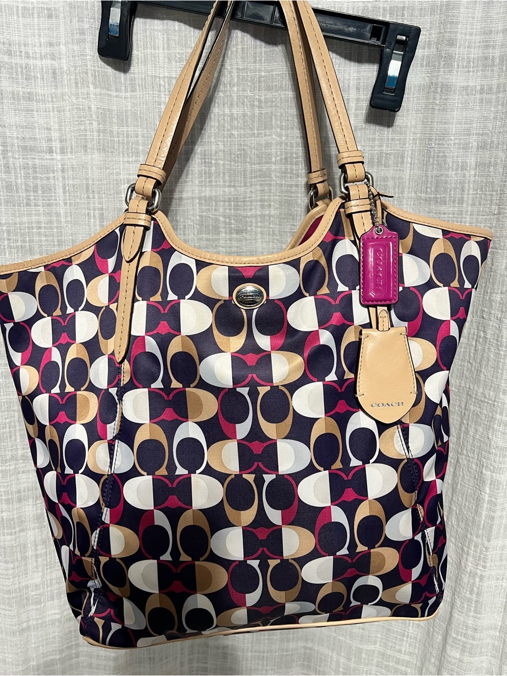 Coach Navy, Beige, White & Magenta Patterned Tote